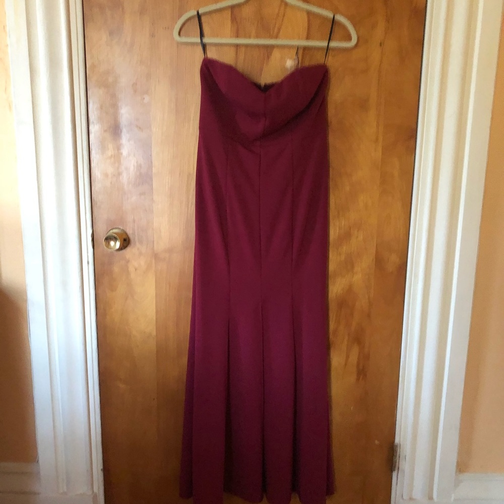 Strapless burgundy maxi dress